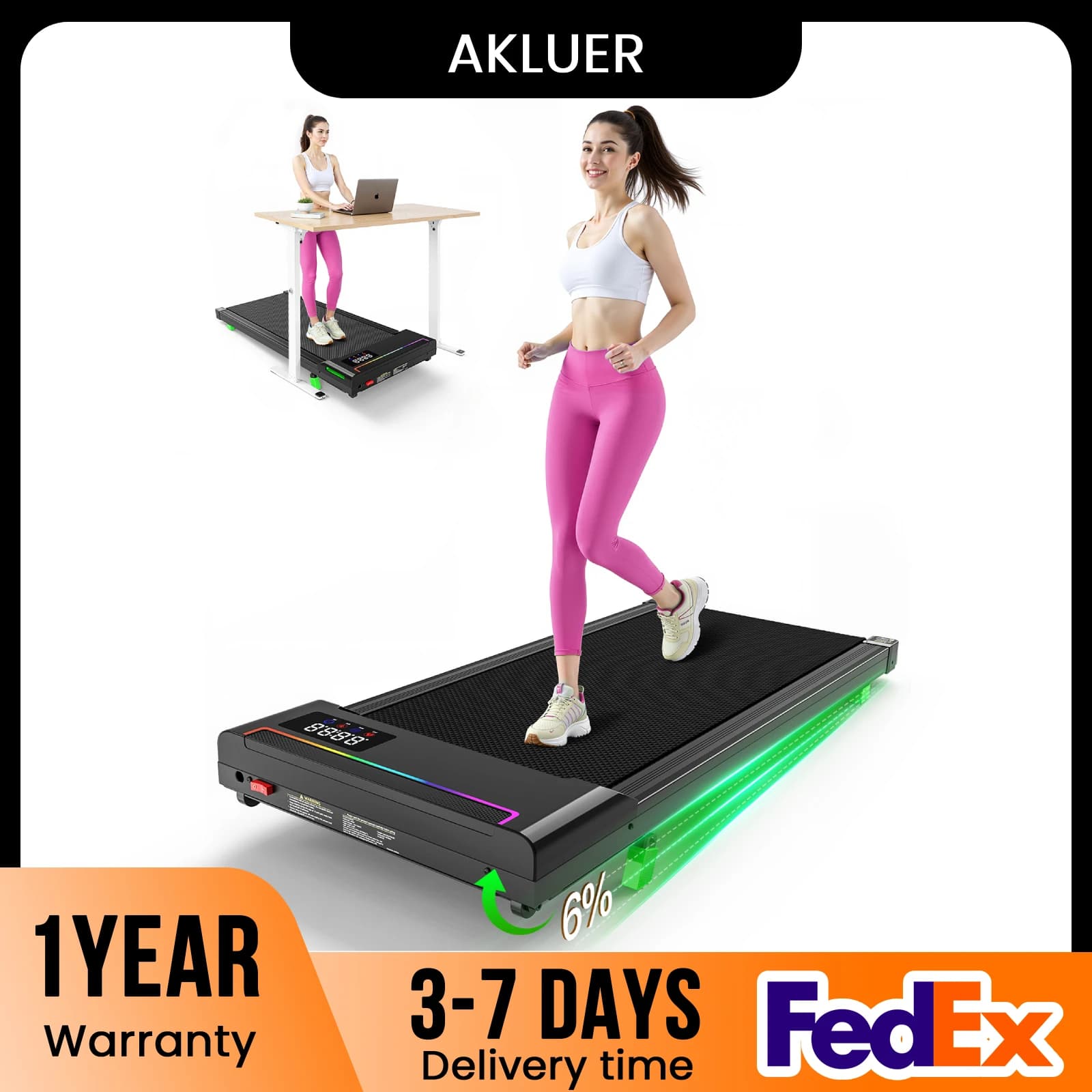 AKLUER 2 in 1 Walking Pad Under Desk Treadmill, 2.5HP Brushless Motor, 0.6-4 MPH Speed Range, Portable Running Machine for Home
